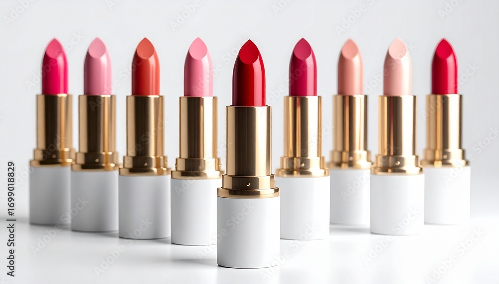 Obraz premium A vibrant assortment of colorful lipsticks in elegant gold and white tubes, showcasing a palette of reds, pinks, and nudes for beauty