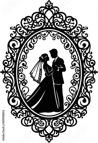 Wedding invitation card with bride and groom illustration
