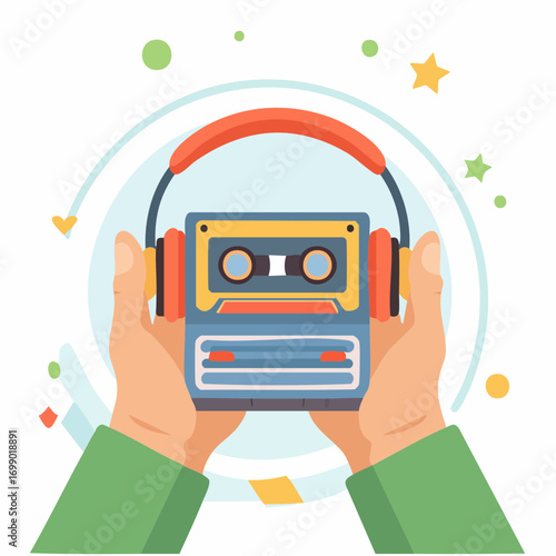 Hands Holding Retro Cassette Player and Headphones