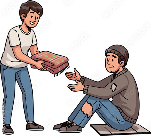 Compassionate young volunteer showing care by donating a warm blanket to a homeless man in need