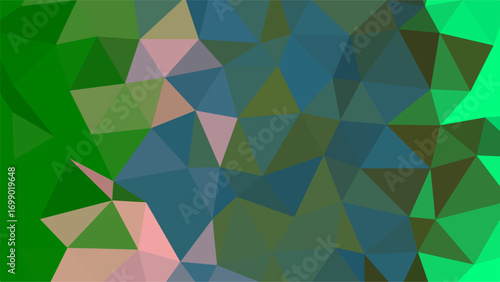Abstract geometric low poly background with a gradient of greens and blues with hints of pink texture