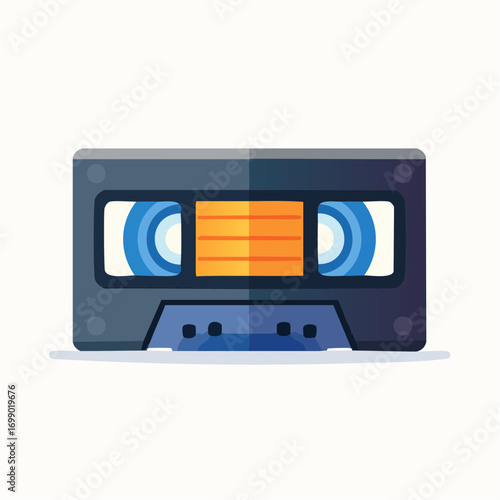 Black Audio Cassette Tape with Blue and Orange Details on White Background