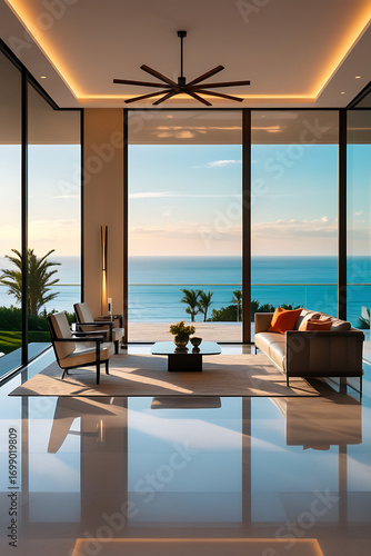 Luxury architecture, ocean front property landscape. Modern living room interior design with sleek contemporary designer furniture, minimalist decor large windows, panoramic coastal view background