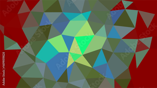 Abstract geometric low poly pattern with bright cyan and green triangles on a dark red background