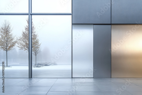 Modern building entrance with large glass panels revealing foggy outdoor landscape and trees during winter season