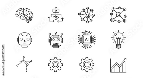 Artificial Intelligence and Technology Icons Brain, Robots, and More Digital Innovations in Progress
