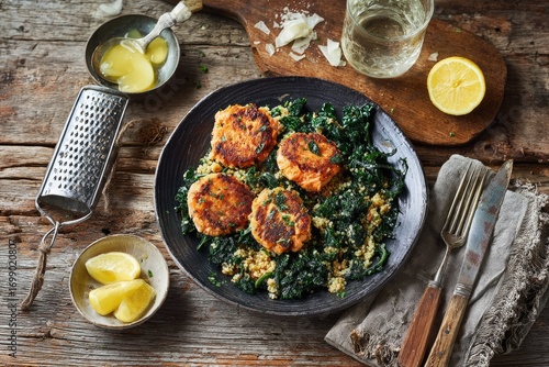 Salmon patties with spinach and quinoa on a plate