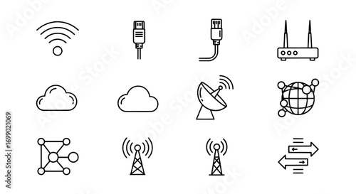 Network communication and internet technology thin line icon set
