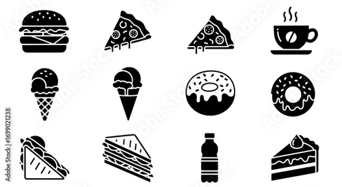 Delicious Food Icon Set Burgers, Pizza, and Sweets in Black and White