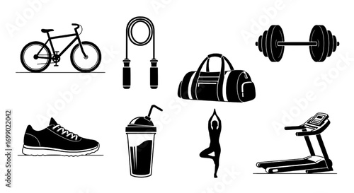 Fitness and Exercise Icon Set A Collection of Workout Equipment for a Healthy Lifestyle