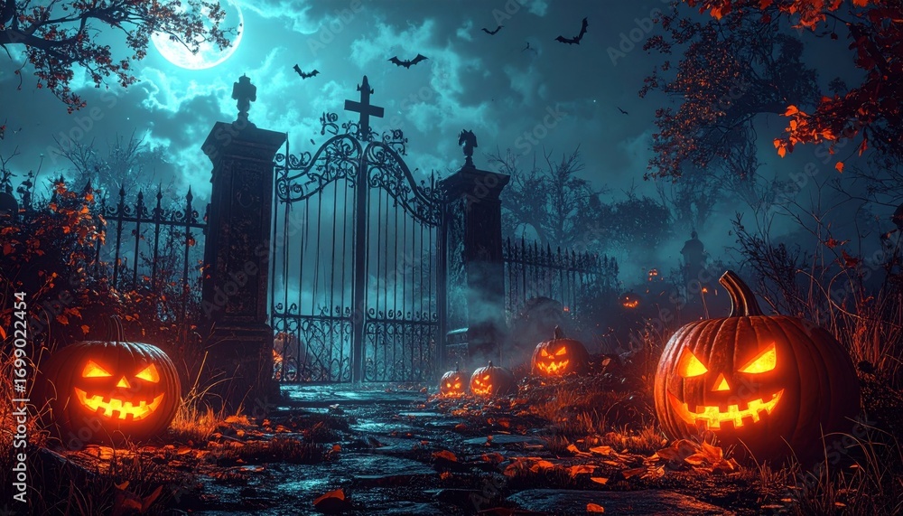 Obraz premium Jack O' Lanterns In Graveyard In The Spooky Night - Halloween Backdrop