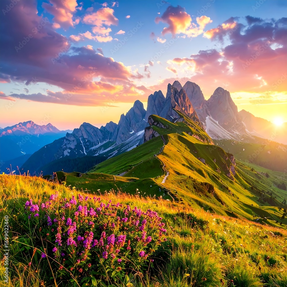 Obraz premium A breathtaking mountain vista at sunrise, showcasing vibrant colors and lush greenery.