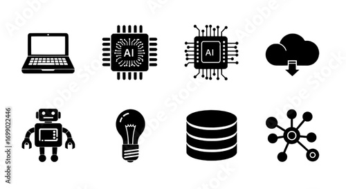 Essential digital technology and data infrastructure line icons for modern connectivity and security solutions