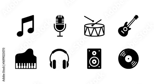 A collection of simple vector icons representing musical instruments and audio