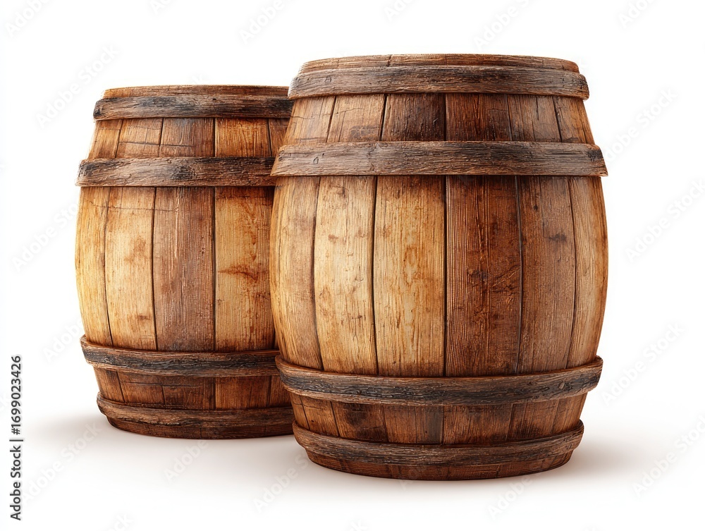 Fototapeta premium Two aged wooden barrels on white