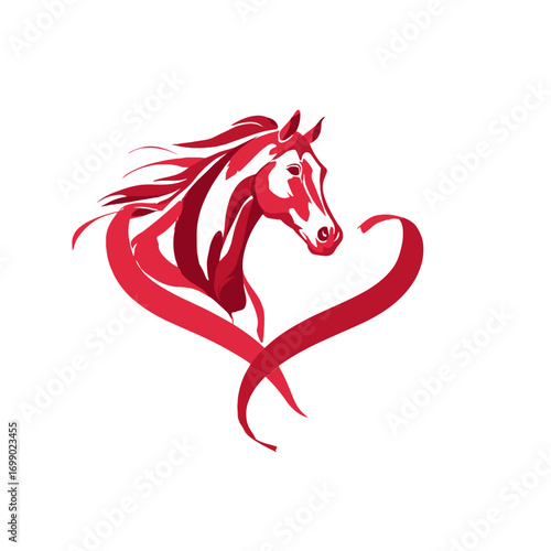 Elegant Horse Love: An artistic portrayal of equine beauty, the red horse head is intertwined with a flowing heart shape, symbolizing love and passion.