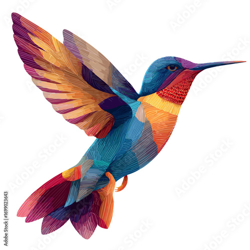 Hummingbird in Flight: A vibrant and eye-catching illustration of a hummingbird in mid-flight, its colorful plumage beautifully rendered in an artful style.