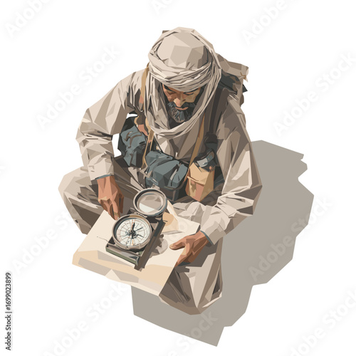 Explorer with Map and Compass: A focused explorer meticulously studies a map, compass in hand, symbolizing navigation and the quest for discovery.