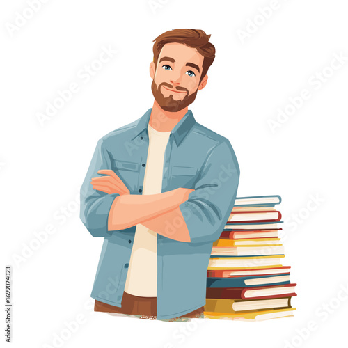 Thoughtful Reader: A charming illustration of a man leans casually against a stack of books, exudes an air of relaxed intellect and inviting curiosity.