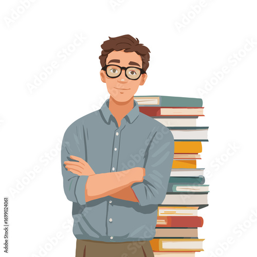 Scholar in Focus: A scholarly individual, donned in spectacles, poses with crossed arms beside a towering stack of literary works, a symbol of knowledge. 