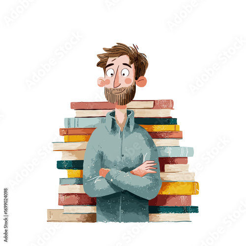 The Literary Figure: A bespectacled figure stands confidently before a towering stack of books. Symbolizing knowledge, this illustration brings a sense of curiosity.
