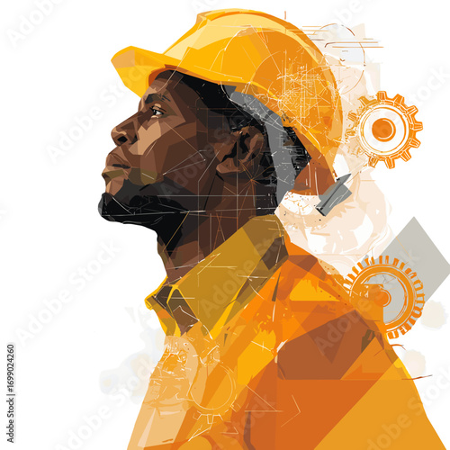 Focused Constructor: A determined constructor gazes ahead, embodying resilience and ambition amidst an industrial backdrop of gears and innovation.