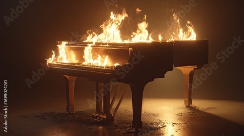 A grand piano engulfed in flames
