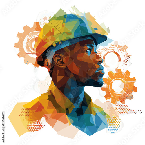 Engineering Vision: A dynamic illustration portraying a determined engineer, adorned with a helmet, focused on technological progress, intertwined with intricate gears that symbolize innovation.