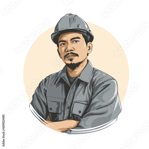Construction Worker Illustration: A confident construction worker, wearing a hard hat and work attire, stands with arms crossed, ready to build and innovate.