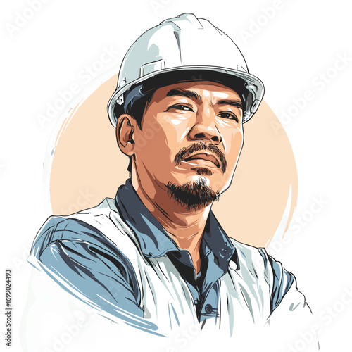 Confident Engineer in Hard Hat: A focused engineer, donned in a protective hard hat and work attire, exudes confidence as he contemplates the task ahead, representing dedication and expertise.