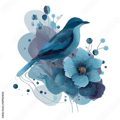 Bluebird with Floral Adornments: A serene, artful portrayal of a bluebird perched amidst delicate floral elements. The image is designed to evoke tranquility and beauty.