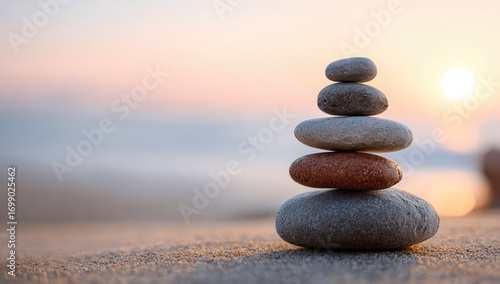 A stack of smooth, light-colored stones balanced precariously on a sandy beach at sunrise.  Soft light and gentle colors