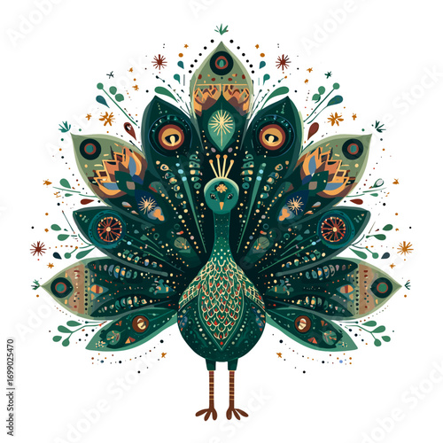 Peacock in Full Bloom: An exquisite and ornate illustration of a peacock in full display, its vibrant feathers unfolding in a mesmerizing kaleidoscope of colors and patterns.