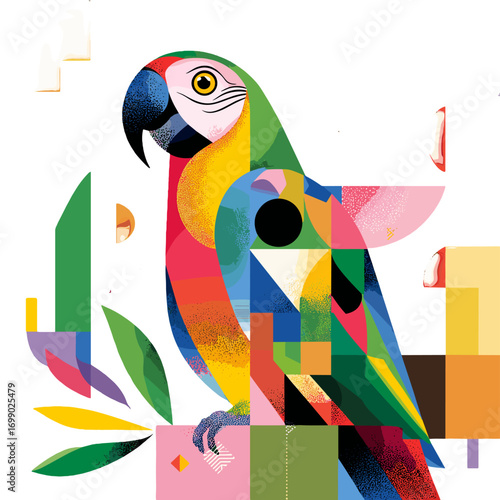 Colorful Parrot Illustration: A vibrant illustration captures a parrot in a modern, geometric style, showcasing a stunning array of bright hues.