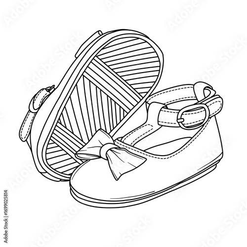 Pair of classic girls leather shoes with a strap and bow detail. Simple line drawing.