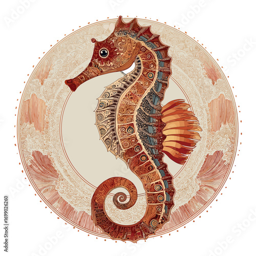 Elegant Seahorse Illustration: An exquisite illustration captures the unique form and intricate details of a seahorse, a symbol of grace and aquatic elegance.