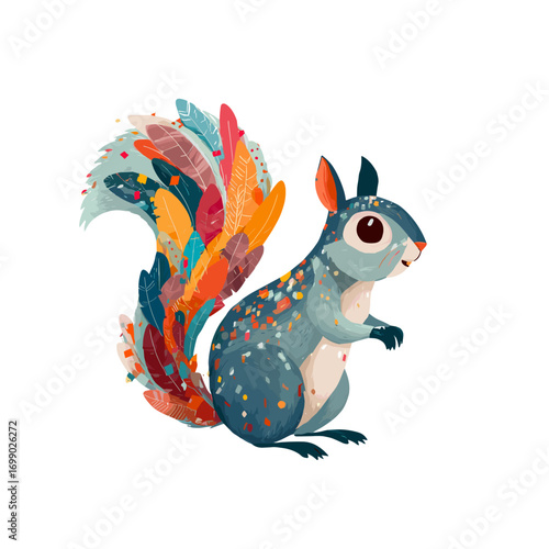 Whimsical Squirrel: This enchanting illustration captures a charming squirrel adorned with colorful feathers, bringing a touch of artistic delight and playful fantasy to life. 