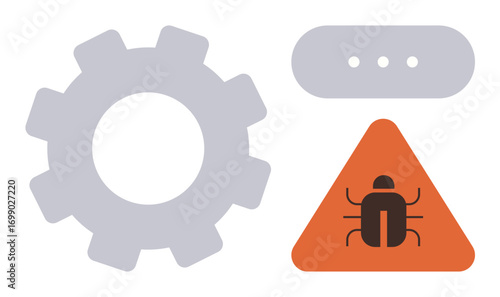 Gear symbolizes system settings, triangle with bug warns of software error, and menu dots indicate options. Ideal for tech errors, cybersecurity, system maintenance, debugging, IT solutions, coding