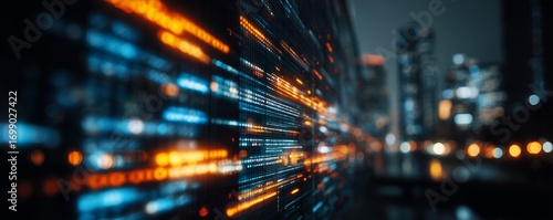 Abstract digital stream with blue and orange glowing data lines on cityscape background, concept for data visualization, modern technology and futuristic background