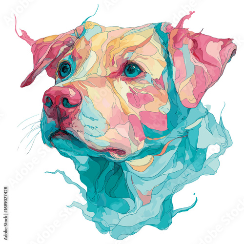 Colorful Dog Portrait: An eye-catching artwork of a dog's face, rendered in vibrant and abstract watercolor style, featuring a kaleidoscope of colors and patterns.