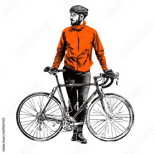 Cyclist's contemplation with bicycle: A cyclist, dressed in sporty gear, leans against his bicycle, captured in a vintage-style graphic.