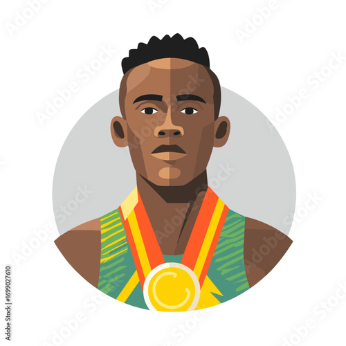 Portrait of Champion: A determined athlete, adorned with a gold medal, embodies strength and victory. This dynamic portrayal captures the essence of athletic prowess and the triumph of perseverance.