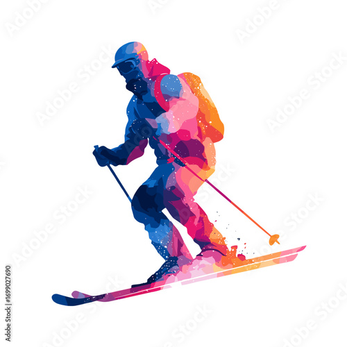 Watercolor Skiing Silhouette: A vibrant watercolor silhouette of a skier carving down a snowy slope, capturing the dynamic energy and freedom of winter sports.