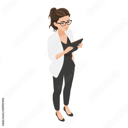 Smart Professional Reviewing Tablet: A focused professional, exuding competence in their stylish attire.