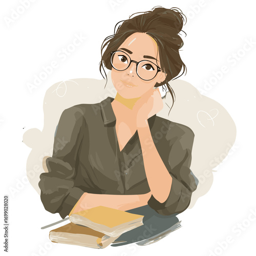 Introspective woman with eyeglasses and books: An intellectual woman with eyeglasses, lost in thought, leans her chin on her hand, surrounded by books in a digital art study setting. 