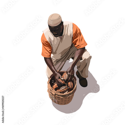 Harvest Basket: A graphic illustration that show the labor of cocoa farmer tending the fruit with traditional harvest basket 