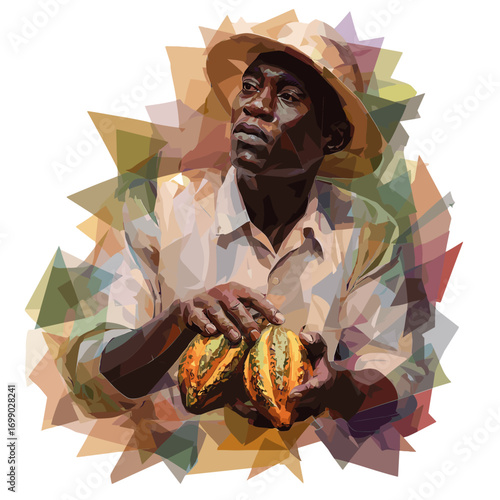 Cocoa Farmer's Bounty: A resilient cocoa farmer, adorned with a straw hat, tenderly holds two ripe cocoa pods, showcasing the harvest's rich potential.