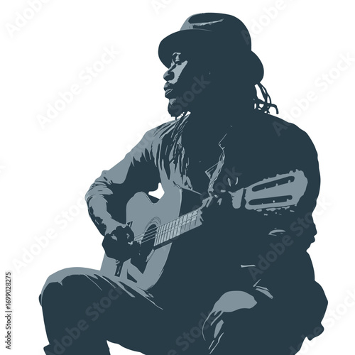 Silhouette of a Guitarist: A captivating silhouette of a musician immersed in the music. The image captures the serene moment of playing guitar.