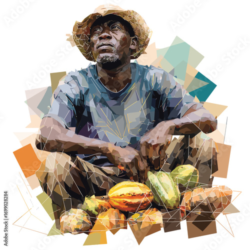 Harvest Dreamer: A low-poly art portrayal captures a weathered farmer, envisioning the fruits of his labor: an abundant harvest of ripe vegetables, evoking themes of cultivation and sustenance.