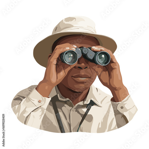 Focused Observation: An observer intently surveys the environment through binoculars, embodying a spirit of exploration, discovery, and focused observation.